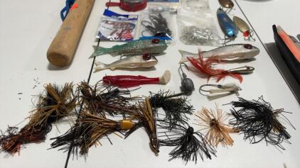 Fishing Tackle Lot - Worth Chippewa Spoons, Kershaw Blade Trader Knife, Hooks, Lures, Weights