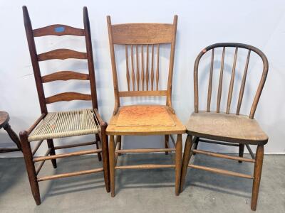 Set of 3 Vintage Wooden Chairs &ndash; Ladder-back, Spindle-back, Windsor Styles, Hardwood Construction