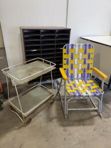 Vintage Metal Utility Cart, 2-Tier, with White Rusted Frame, 30-inch Shelves, Industrial Style **Vintage Aluminum Webbed Rocking Chair and book/letter shelve