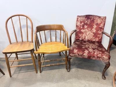 Antique Wooden Armchair with Upholstered Seat, Queen Anne Style, Red/Burgundy Floral