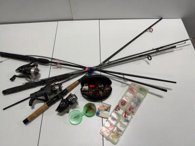 (3)Fishing Rod & Reel Lot, Shakespeare X 4000, 3 Spinning Rods, Tackle Boxes, Flies, Accessories