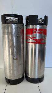 (2)Cornelius Ball Lock Kegs - 5 Gallon Stainless, Rubber Handles/Bases, Serial