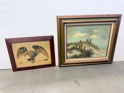 Framed Eagle Americana Art Drawing & Beach Scene Oil Painting, Signed, 20x16" & 24x20"