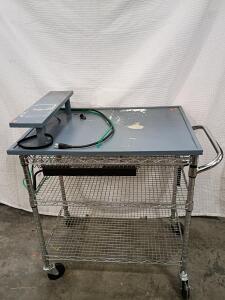 Heavy-Duty Mobile Utility Cart, Wood Workstation Top, 3 Wire Shelves, Power Strip