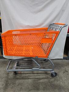 Commercial Orange Plastic Shopping Cart, Unarco M90, Standard, 245L, Metal Frame, Child Seat