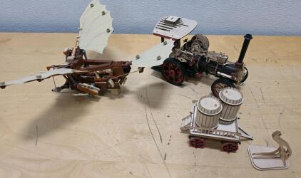LEGO Da Vinci Ornithopter and UGEARS Style Wooden Steam Tractor with Barrel Wagon, Fully Assembled