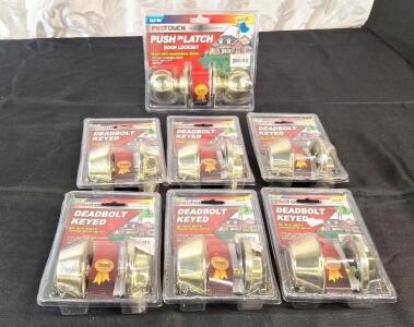 (6) Keyed Deadbolts, Gold Finish & (1) Keyed Entry Lockset, Gold Finish