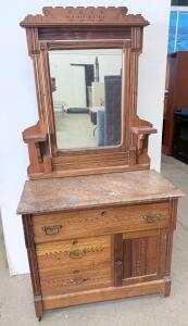 Victorian-Style Marble Top Dresser with Mirror, Carved Wood, 3 Drawers, Brass Hardware