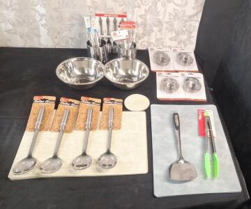 (4) Stainless Steel Slotted Spoons (2) 7" Stainless Steel Bowls, (2) Stainless Steel Multi Use Containers, (1) 8-Piece, Double Sided Placemat & Coster Set, (1) 4-Piece Placemat Set & More