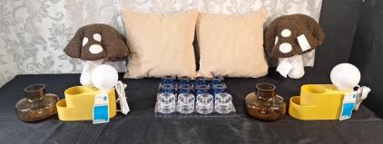(2) LED Organizer Lamps, (2) Small Amber Glass Vases, (2) Mushroom Novelty Pillows, (2) Decorative Throw Pillows & (3) 4-Piece Glass Candle Holder Sets