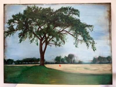 Large Impressionist Landscape Painting Signed H. Pinto, Red Roof Houses, 24"x48" Oil Canvas