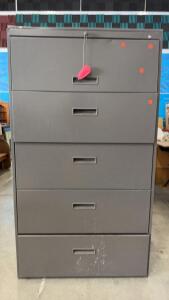 5-Drawer Vertical Steel Filing Cabinet, Locking, Gray,approximately 60"x36"x18", Keys Included
