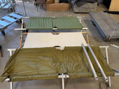 Folding Military Cots &ndash; Aluminum & Wood Frames, Olive & Beige Canvas, 77"x25", Set of 3