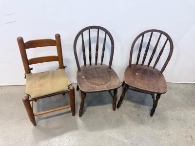 Set of 3 Vintage Wooden Chairs: 2 Windsor Style, 1 Ladder-Back with Cushion