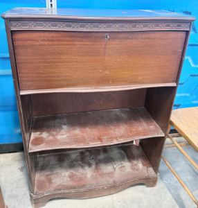 Vintage Drop Front Secretary Desk with Bookcase, Carved Trim, Dark Wood, 2 Shelves