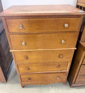 Vintage 5-Drawer Wooden Dresser with Mixed Knobs, Approx. 34" W x 18" D x 45" H