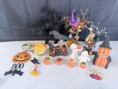 Assorted 17-Piece Halloween Decor Lot &ndash; Includes Black Cat Statue, Jack-o-Lanterns, Ghosts, Witch Centerpiece, and More