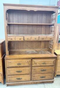 Vintage Oak Dresser with Hutch, 6 Large Drawers, 5 Small Drawers, 2 Shelves, Built-in Outlet