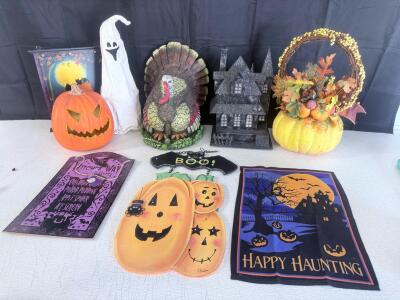 Large Assortment of Halloween & Thanksgiving Decorations &ndash; 9 Pieces, Mixed Materials