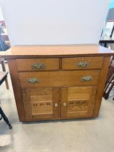 Antique Oak Sideboard, 3 Drawers, 2 Door Cabinet, Mission Style, Ornate Brass & Glass Hardware