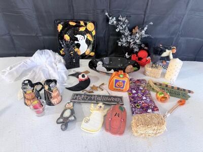 Large Assorted Halloween Decorations Lot &ndash; Plates, Signs, Candle, Hay Bale, Ceramic & Plush Decor