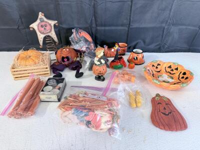Assorted Halloween & Fall D&eacute;cor Lot &ndash; Ceramic Pumpkin Bowl, Figures, Candles, 15+ Pieces