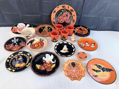 Hand-Painted Halloween Ceramic Dishware Set &ndash; Plates, Mugs, Bowls, Ghosts & Pumpkins, 19 Pieces