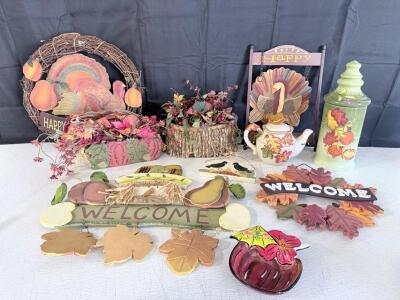 Fall/Autumn Decor Set &ndash; 12 Pc Mixed Lot, Turkeys, Welcome Signs, Pumpkins, Ceramic Jar, Teapot