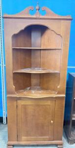 Traditional Corner China Cabinet, 72" Tall, 3 Shelves, Scroll Pediment, Lower Storage Door