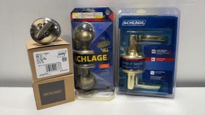 2-Schlage B60N 619 Deadbolt & Entry Locksets, Satin Nickel/Brass, Grade 1/2 Security, New in Box & Schlage Entry lock door handle & Schlage Keyed Entry