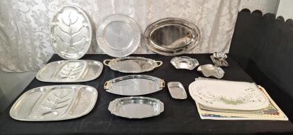 (12) Assorted Metal Serving Platters & Trays & (14) Assorted Placemats