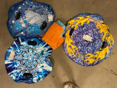 H2O! Blaster & Snowflake Inflatable Snow Tubes Lot of 4, 42" Diameter, Heavy-Duty Vinyl, Handles with HDX hard plastic box