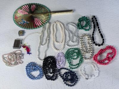 Colorful 19-Piece Vintage Costume Jewelry Lot With Painted Decorative Hand Fan, Necklaces, Bracelets