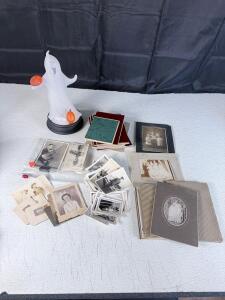 Vintage Photo Lot 1890&ndash;1940s Cabinet Cards & Snapshots + Halloween Glass Ghost Figurine 9" Tall