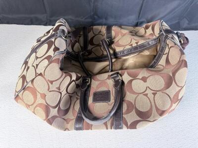Coach Signature Canvas Duffel Bag Brown Leather Trim, Zip Closure, Large Capacity, Classic Pattern