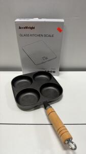 Cast Iron 4-Cup Pancake Pan with Wooden Handle, &ldquo;W&rdquo; Marked, 9x9 in & Kitchen scale in box