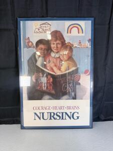 Inspirational &ldquo;Nursing: Courage, Heart, Brains&rdquo; Framed Poster, Wizard of Oz Theme, 24x36 inches