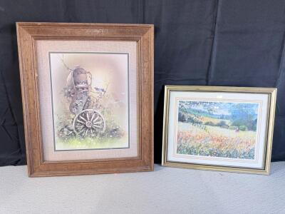 Framed Rustic Wagon and Bird Print, 20"x26", Wood Frame, Fabric Mat, Nature Theme Wall Art