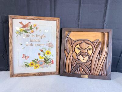 Embroidered Inspirational Wall Art & Intarsia Wood Big Cat 2-Piece Framed Decor Set 16"x12", 14"x14"