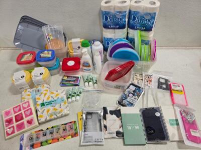 Bulk Lot: Storage Containers, Phone Cases, Toiletries, Daisy Bath Tissue, Up&Up Napkins
