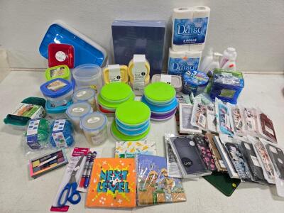 Mixed Lot: New Plastic Food Storage Containers, Phone Cases, Bath Tissue, Stationery & More