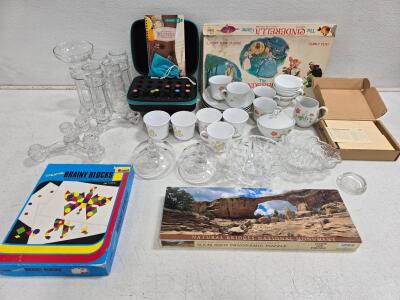Assorted Vintage Lot: Brainy Blocks, Cinderella Game, Essential Oil Kit, Porcelain Tableware, Glassware