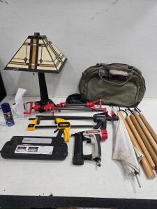 Lot of Tekton & DeWalt Bar Clamps, Craftsman Nailer, Geryon Vacuum Sealer, Stained Glass Lamp