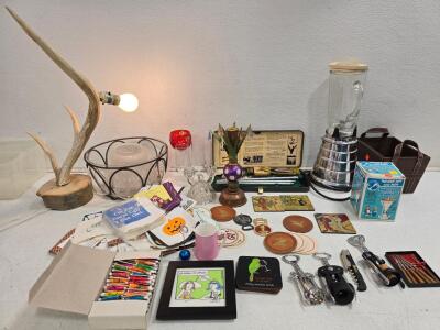 Vintage Antler Lamp, Glass Blender, Raggedy Ann Baby Food Grinder, Barware Collection