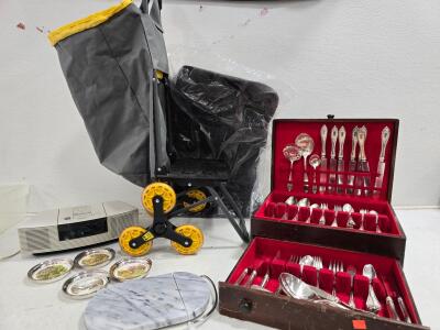 Vintage Silver Plated Flatware Set, Cart for Stairs with Chair, Forester Touring Mats, Marble Cheese cutting Board