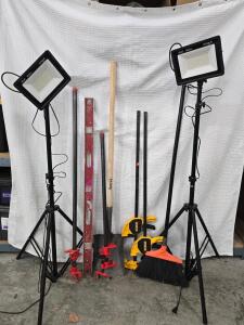 LED Working Lights XYCN 150W w/ Tripods, Dewalt Quick Clamps, Bar Clamps, Level, Shovel, Broom
