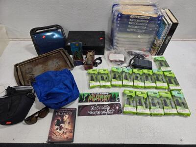 Bulk Lot: 14 Hot Tips Car Chargers, 4 8 pack Face Shields, Brinks Safe (need lock), Books, Pans, More