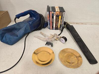 Handheld Electric Vacuum with Dust Bag and Power Cord, Movies and gold plated plates. Hand saw with sheath
