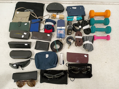 Assorted Dumbbells, Various Belts and Suspenders, Sunglasses, Carrying Cases