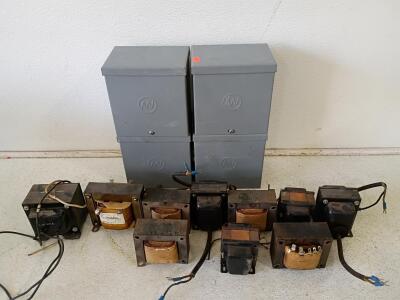 Lot of 10 Control Transformers (150VA, 110V) & 4 Metal Electrical Enclosures, Barber Colman, AW Logo